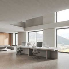 Corner view of office room interior with coworking and chill zone, window