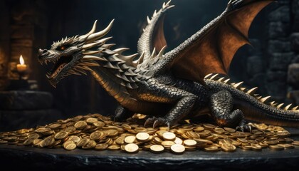  a statue of a dragon sitting on top of a pile of gold coins in front of a fire place with a lit candle in the middle of the room in the background. - obrazy, fototapety, plakaty