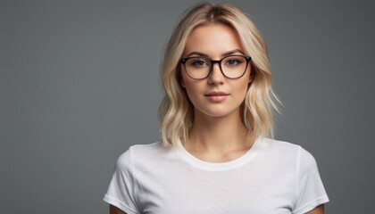 a woman wearing glasses and a white t - shirt is looking at the camera with a serious look on her face as she stands in front of a gray background. - obrazy, fototapety, plakaty
