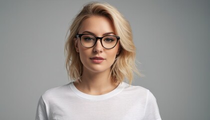  a woman wearing glasses and a white t - shirt is looking at the camera with a serious look on her face as she stands in front of a gray background. - obrazy, fototapety, plakaty