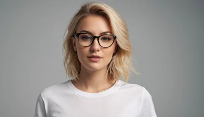 Fotobehang  a woman wearing glasses and a white t - shirt is looking at the camera with a serious look on her face as she stands in front of a gray background. © Jevjenijs