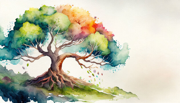 Tree of life, copy space on a side, watercolor art style