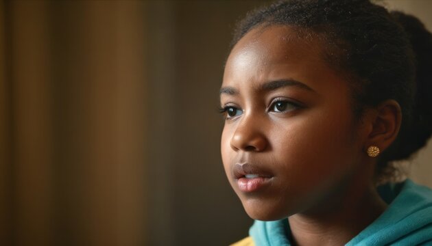  A Close Up Of A Child's Face With A Serious Look On Her Face, Wearing A Green Hoodie And A Gold Earring On Her Left Ear.