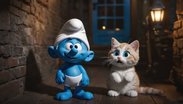  a cat sitting next to a blue and white smurf figurine on a wooden floor in front of a brick wall with a blue door in the background.