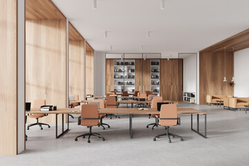 Modern wooden office room interior with coworking and meeting room, relax place