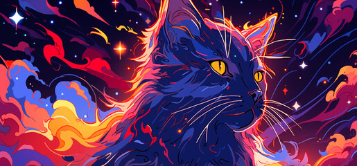 Hand drawn cartoon abstract artistic cat illustration under the starry sky

