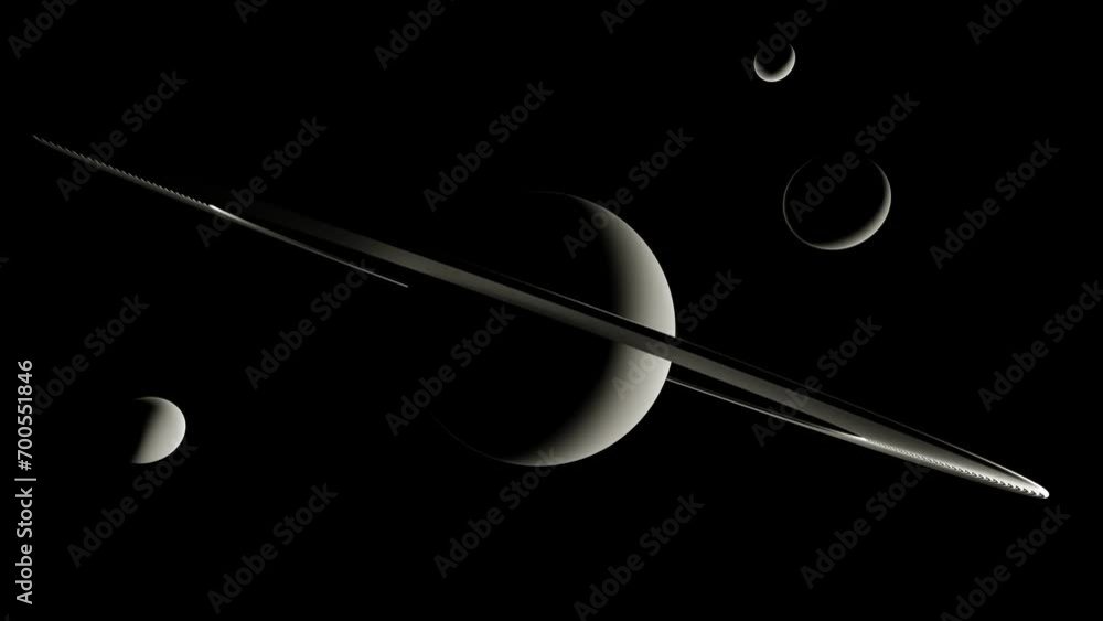 Poster moon orbiting around saturn planet in deep space. 3d animation