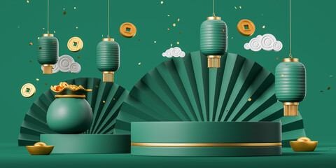 Chinese product presentation template round podium scene surrounded by Chinese New Year symbols of celebration, green and gold elements such as fan, lantern, qians. 3d render, illustration - obrazy, fototapety, plakaty