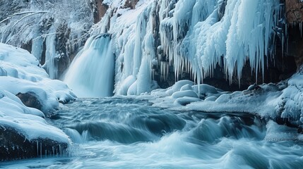 Icy Waterfall, dramatic scene of a partially frozen waterfall with icicles hanging from the rocks...