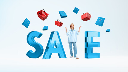 Woman with raised hands standing near glass sale word, falling shopping basket