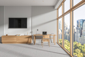 Light home interior with workplace, tv screen and panoramic window