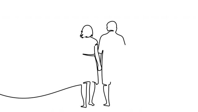 Continuous one line drawing of elderly couple with surfboard graphic animation. 4K resolution. Alpha channel 