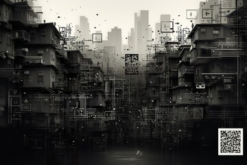 Abstract background map buildings and streets attached QR code. - obrazy, fototapety, plakaty