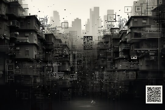 Abstract background map buildings and streets attached QR code.