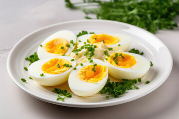 Eggs in a white plate close up