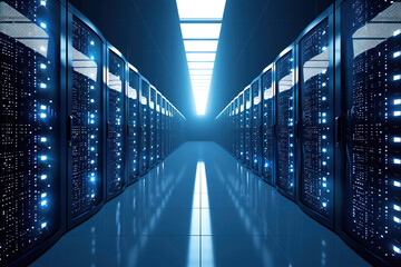 Hall with super computer of the future. Many computer units connected in common.