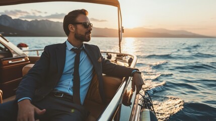 Man in luxury boat, businessman boat trip in sea - obrazy, fototapety, plakaty