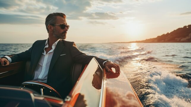 Man in luxury boat, businessman boat trip in sea