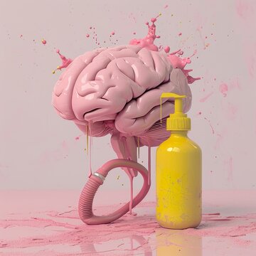 Brain with spray bottle and splashes on pink background. 3D rendering.