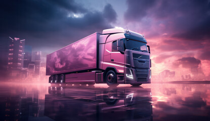 A futuristic truck against a bright sunset sky, the future of freight transportation, generative AI
