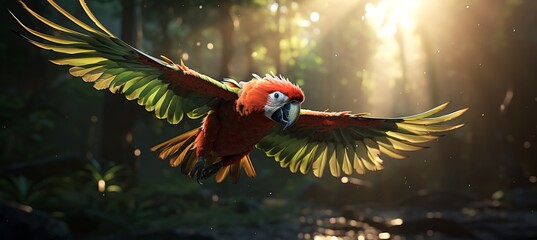 Magnificent Red Macaw in Flight with Wings Spread Against Tropical Forest Backdrop