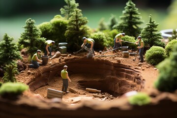 Excavations are carried out by qualified employees. Ancient excavations, tilt shift. - obrazy, fototapety, plakaty