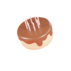 3D illustration of round chocolate glazed cake with candles on top, isolated on transparent background