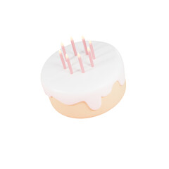 3D illustration of round white chocolate glazed cake with candles on top, isolated on transparent background