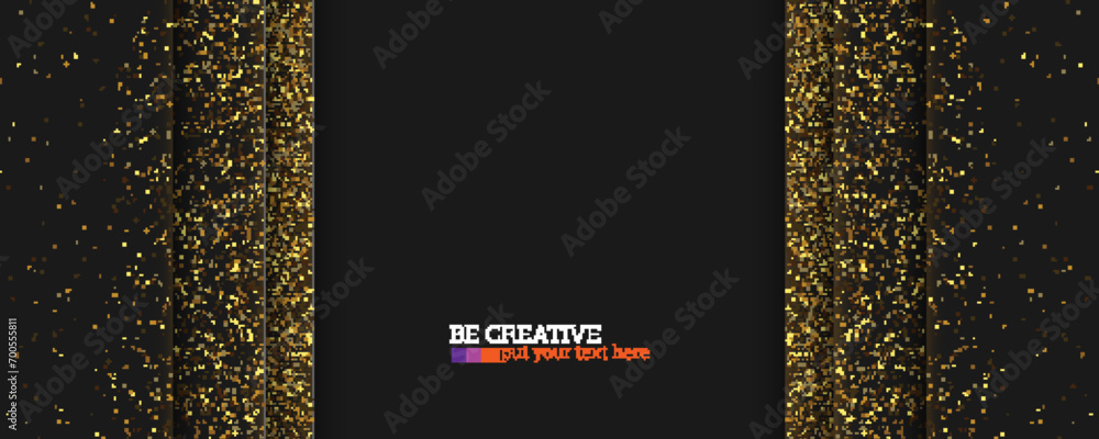 Poster glittering golden texture on simple forms shimmering shapes on black background