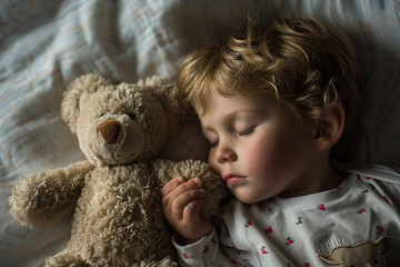 timeless photo capturing a child's peaceful nap with a soft toy by their side, highlighting the comfort and soothing presence of the cuddly companion. Minimalistic photo