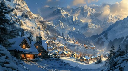 Mountain Village in Snow: A picturesque mountain village covered in snow, with cozy cottages emitting warm light from windows and smoke rising from chimneys, nestled at the foot of imposing snow-cover