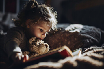 candid photo featuring a child reading a book with a soft toy nestled beside them, highlighting the quiet and comforting moments shared during storytelling. Minimalistic photo
