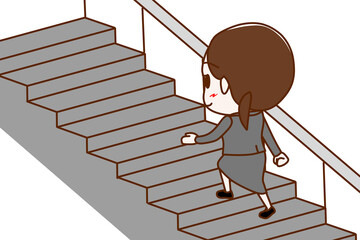 （全身斜め後ろ）階段を笑顔で楽々歩いて登っていくスーツ姿の女性