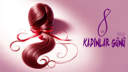 8 march Happy Women's Day. Woman's hair tied with red ribbon. Happy Happy Women's Day.text in the image.
