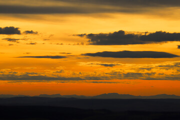 Alps seen from Brno, Czech Republic. Mountains far away during sunset.