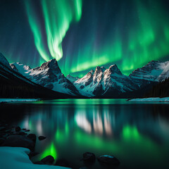 Showcase the Northern Lights casting their ethereal glow over majestic snow-capped mountains.