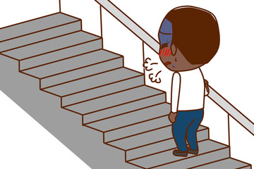 （全身斜め後ろ）階段を上っている途中で呼吸ができずとても苦しんでいるアフリカ系男性