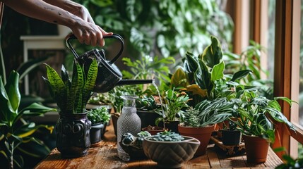 Plant Care Routine: watering, pruning, or misting indoor plants