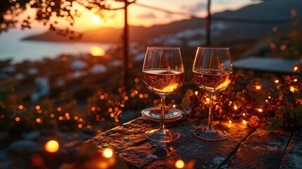 Illustration of two wine glasses right next to each other with a romantic sunset as a symbol of various emotions - obrazy, fototapety, plakaty