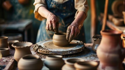 Pottery at Home: Someone shaping clay on a small pottery wheel in a home setting, creating pots, vases, or other ceramic items.