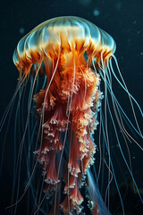 jellyfish swim deep in blue sea. Medusa neon jellyfish fantasy in space cosmos among stars