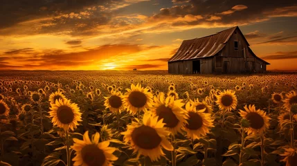 Zelfklevend Fotobehang a field of sunflowers with a barn in the background © Iurie