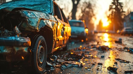 Car accident on the road. Accident in the city at sunset.