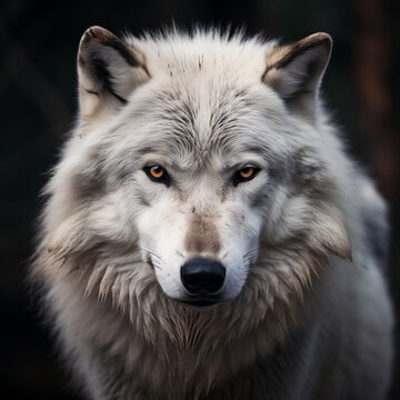 portrait of a white wolf with dark eyes one black ear and gentle