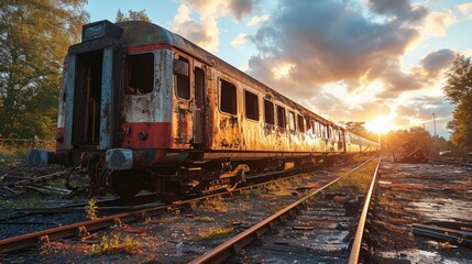 Obraz premium Old abandoned train on the railroad at sunset in the rays of the setting sun.