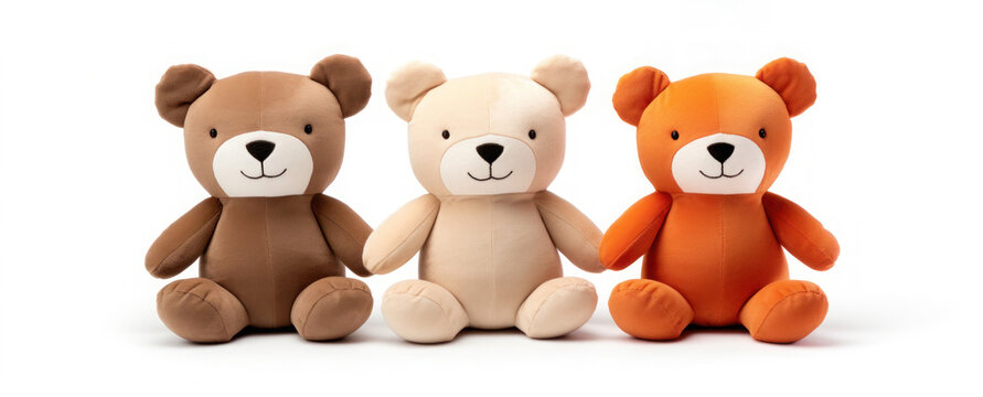 Three soft toy bears sitting in a row on white background