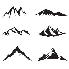 Mountain peak silhouettes. Black hills, top rocks. Mountains symbols, extreme sport hiking climbing travel or adventures. Isolated geology landscape elements set - obrazy, fototapety, plakaty