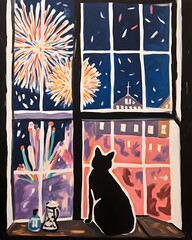 A Cat on a New Year´s Eve Watching Fireworks Illustration