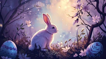 Obraz premium atmospheric illustration of a rabbit and eggs in the forest