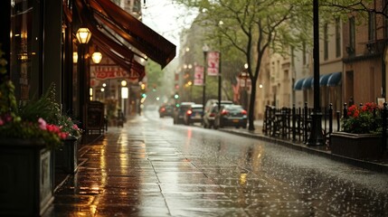 Fototapeta na wymiar Rainy Day Street Scene, A street on a rainy day